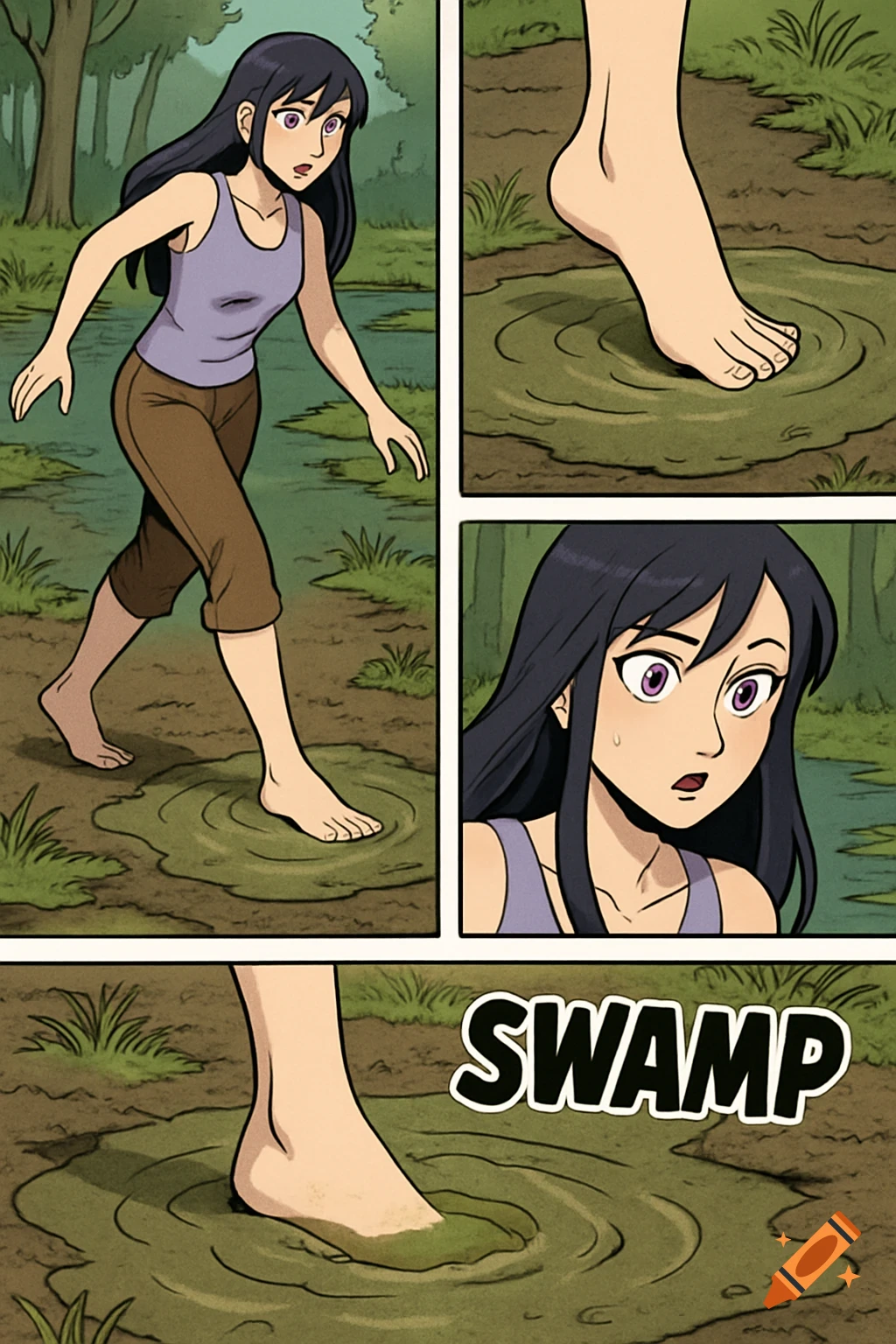 Western anime comic strip of a woman stepping barefoot into mud in a swamp.