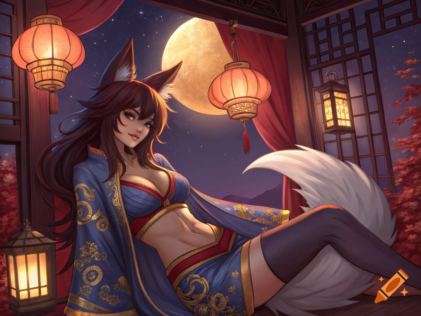 Anime fox-girl in blue robe reclining by window at night with lanterns and full moon.