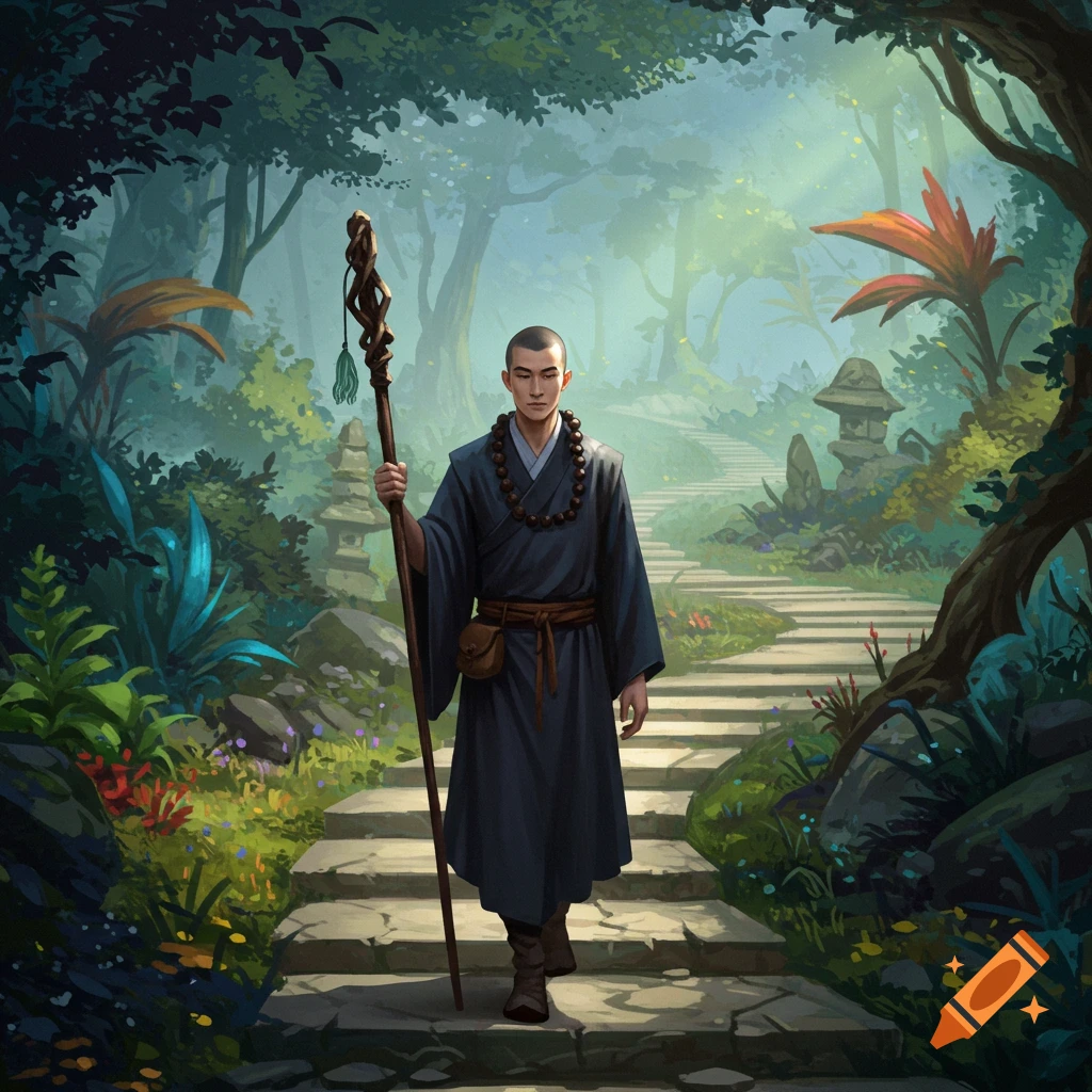 Male Asian monk with a staff walks up stone steps through a lush forest in fantasy art style.