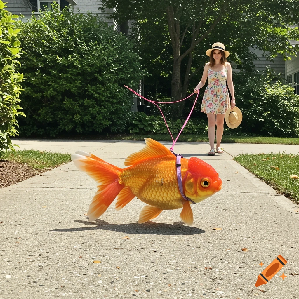 A woman walks a giant goldfish on a pink leash down a suburban sidewalk. Photorealistic.