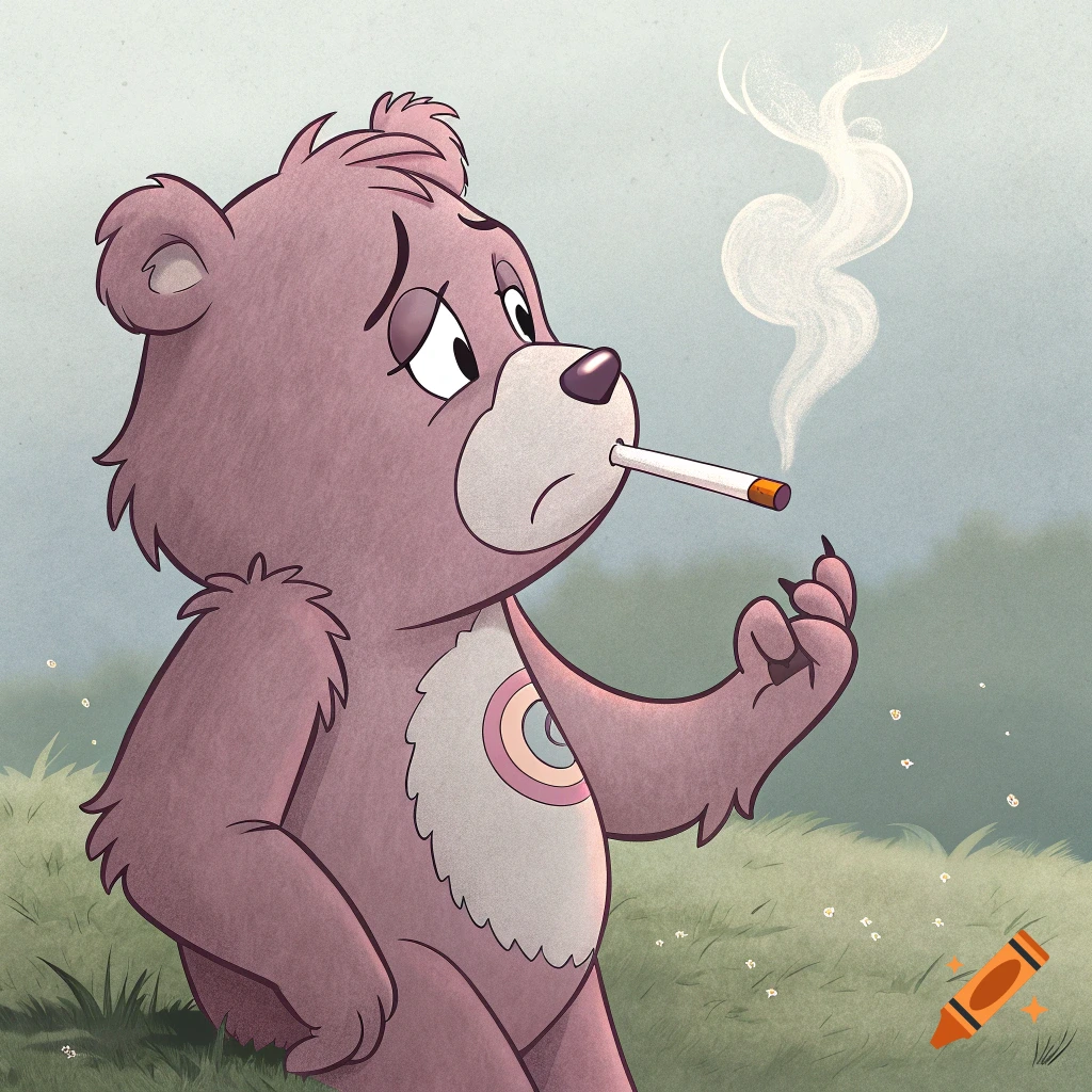 A sad cartoon bear resembling a Care Bear sits in grass smoking a cigarette, with smoke curling upwards.