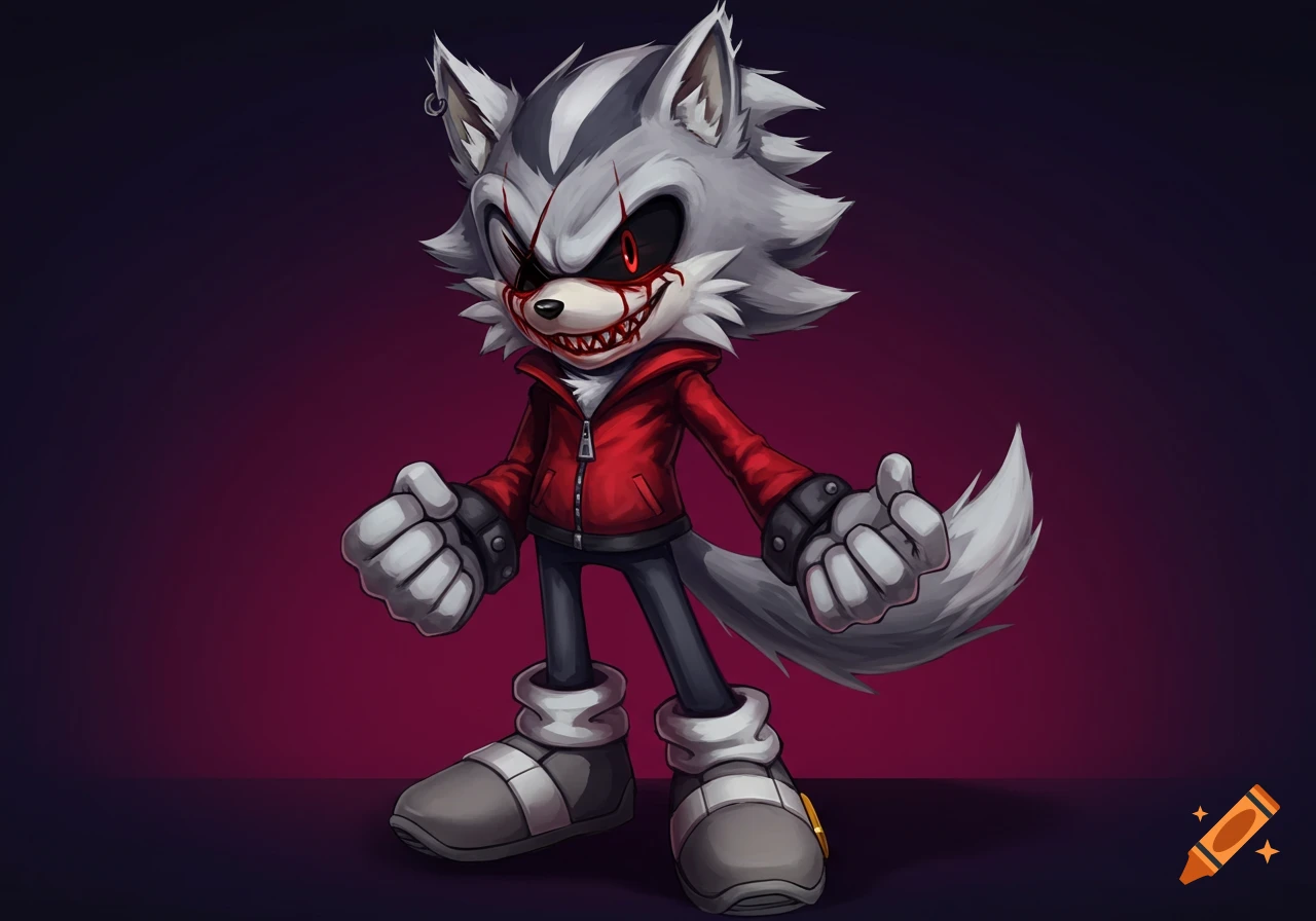 Sonic style wolf character in a red jacket with bloody eyes and mouth