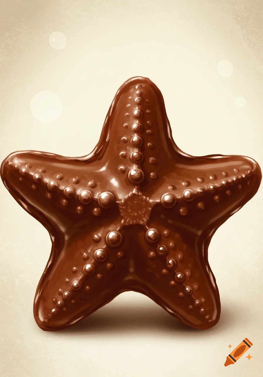 A close-up shot of a shiny chocolate starfish against a light textured background.