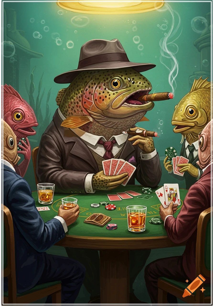 Anthropomorphic fish in suits play poker and smoke cigars at a table.
