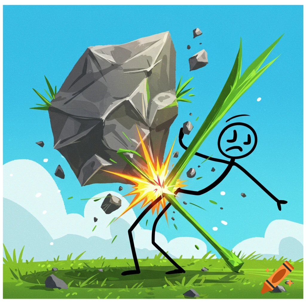 Cartoon stick figure is hit in the groin by a rock and grass stem, with an explosion.