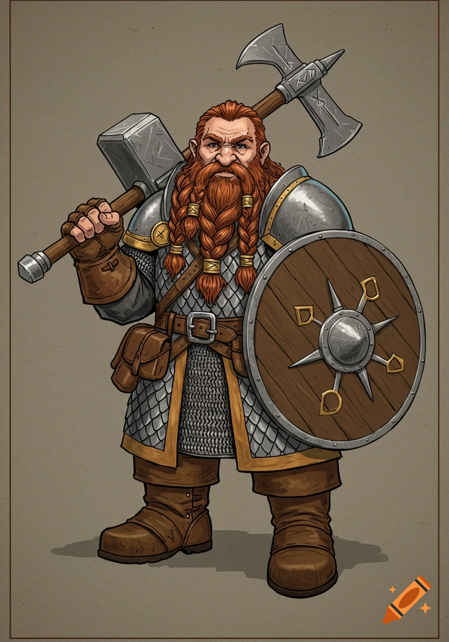 A detailed illustration of a stout dwarf warrior in chainmail and plate armor, holding a warhammer and shield.