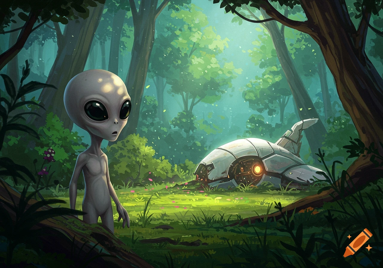 A small gray alien stands in a forest looking at its crashed spaceship. Digital illustration style.