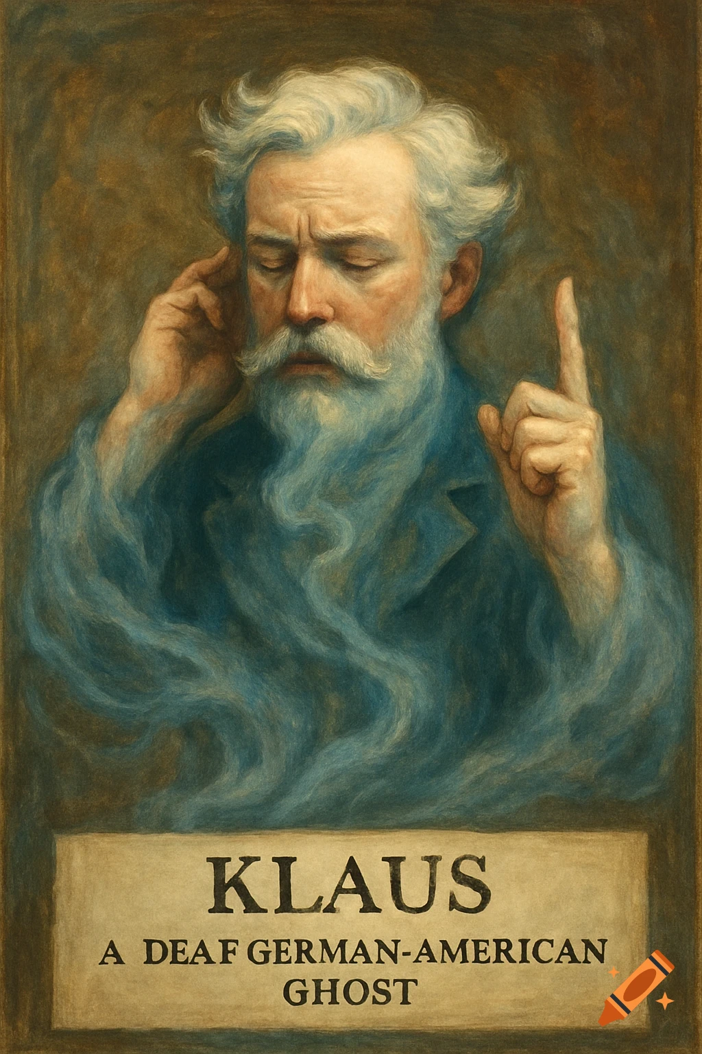 Illustration of a ghost of an old man with a beard and mustache, with text 'Klaus a Deaf German-American Ghost'.