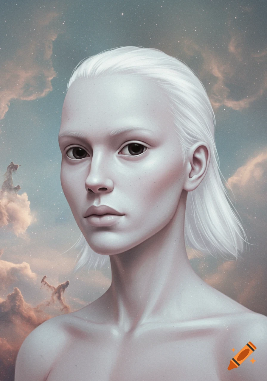 Stylized portrait of a person with white hair and pale skin against a cloudy, starry sky
