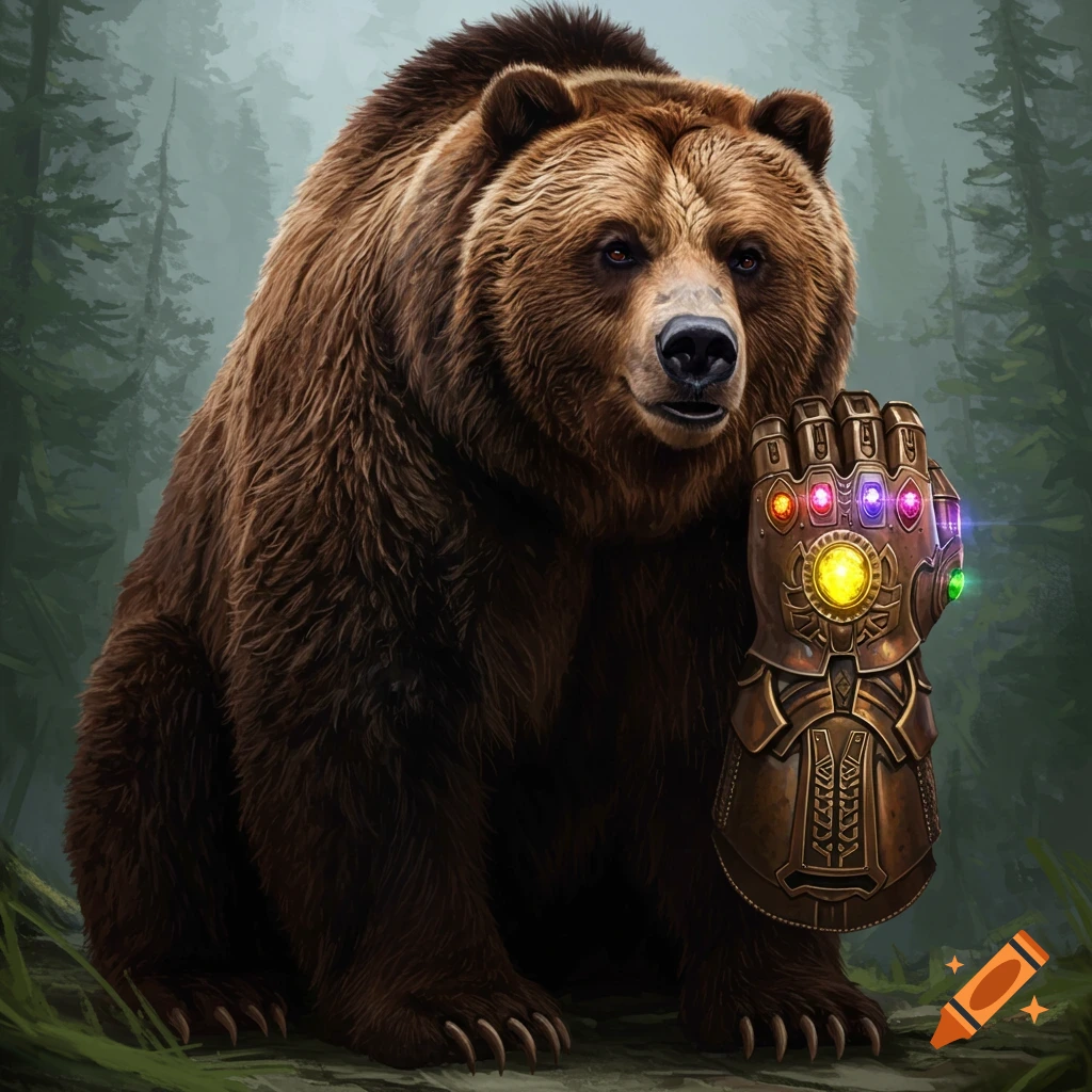 A brown bear sits in a forest, wearing the Infinity Gauntlet.