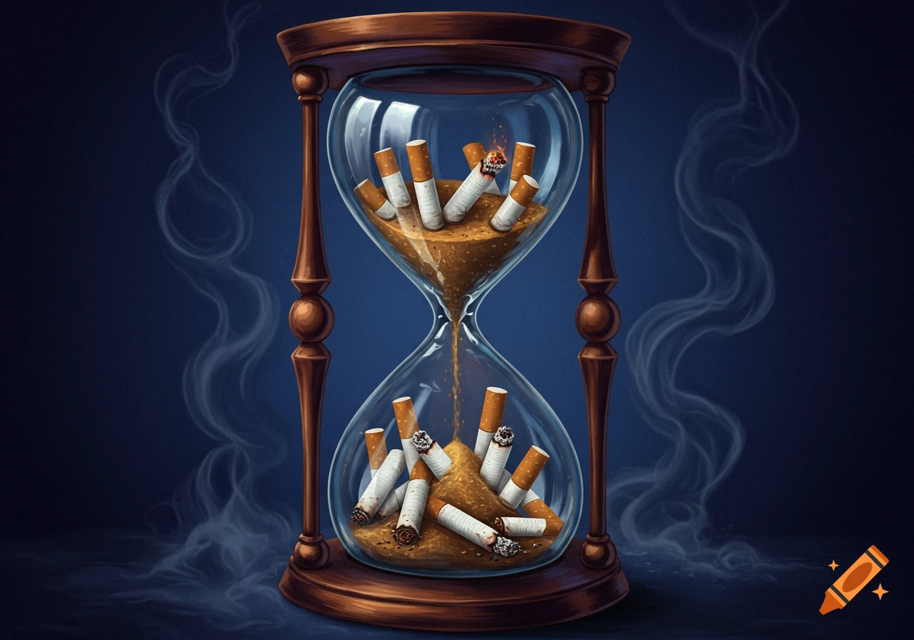 Illustration of an hourglass filled with cigarettes instead of sand, with smoke curling around it, symbolizing the passage of time and smoking.