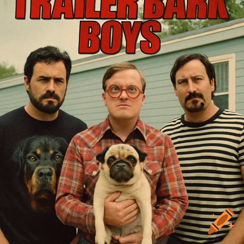 Parody TV poster with three men, two dogs, and text 'TRAILER BARK BOYS' in front of a trailer.