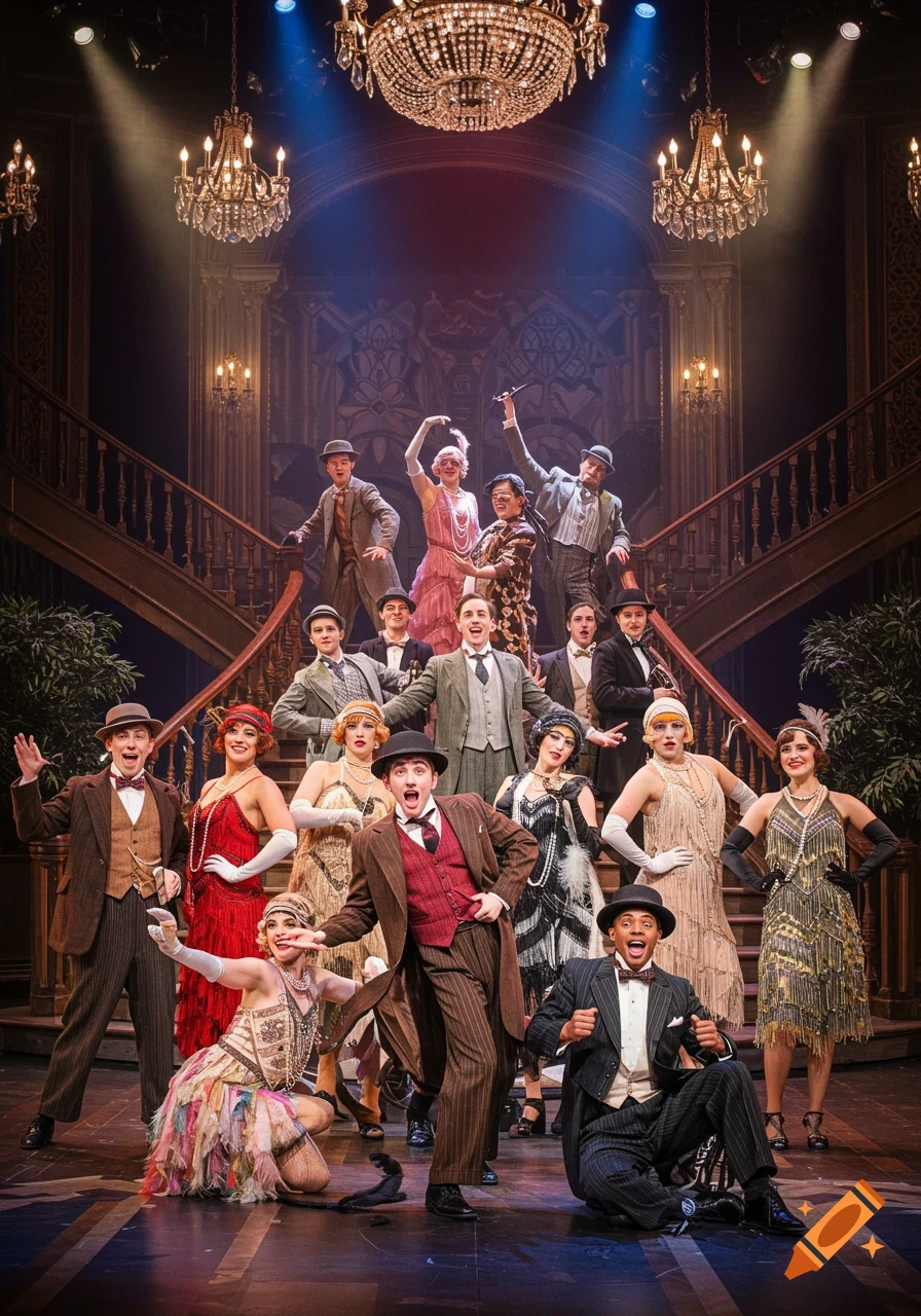 Cast of a theatre production in 1920s costumes posing dramatically on a grand staircase stage set.