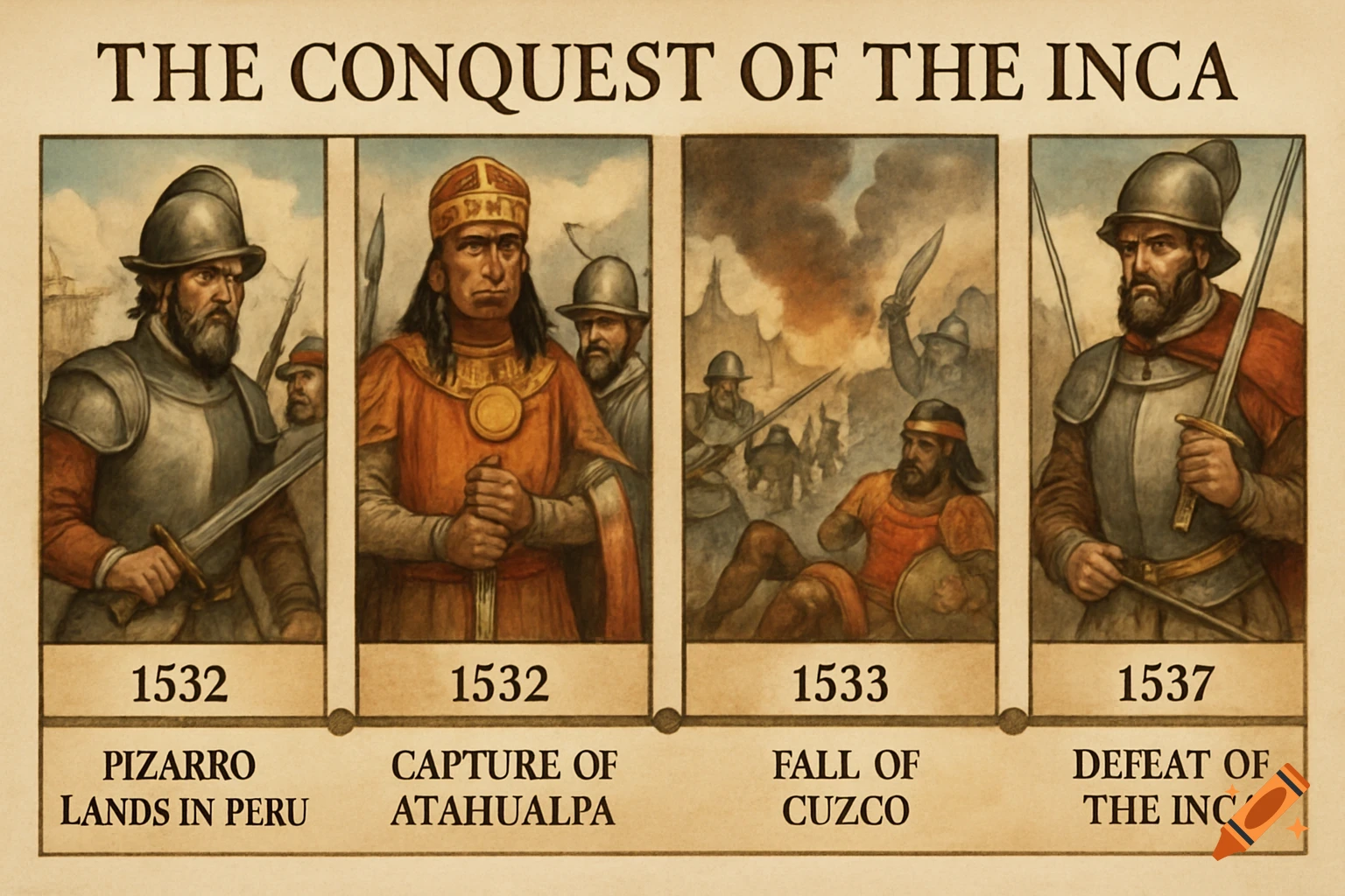 Historical timeline illustration of the conquest of the Inca by Pizarro, showing key events and dates.