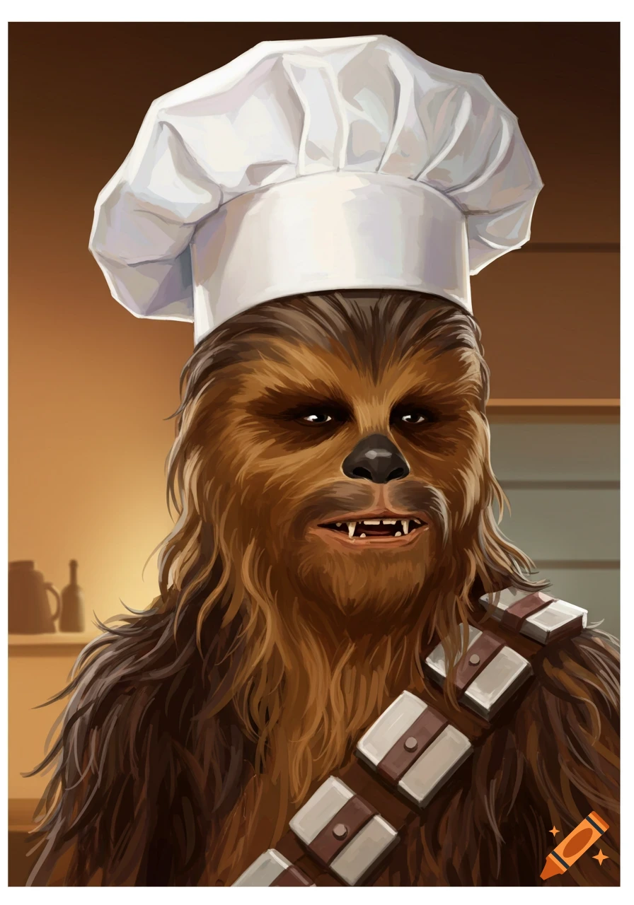 Illustration of Chewbacca from Star Wars wearing a white chef's hat