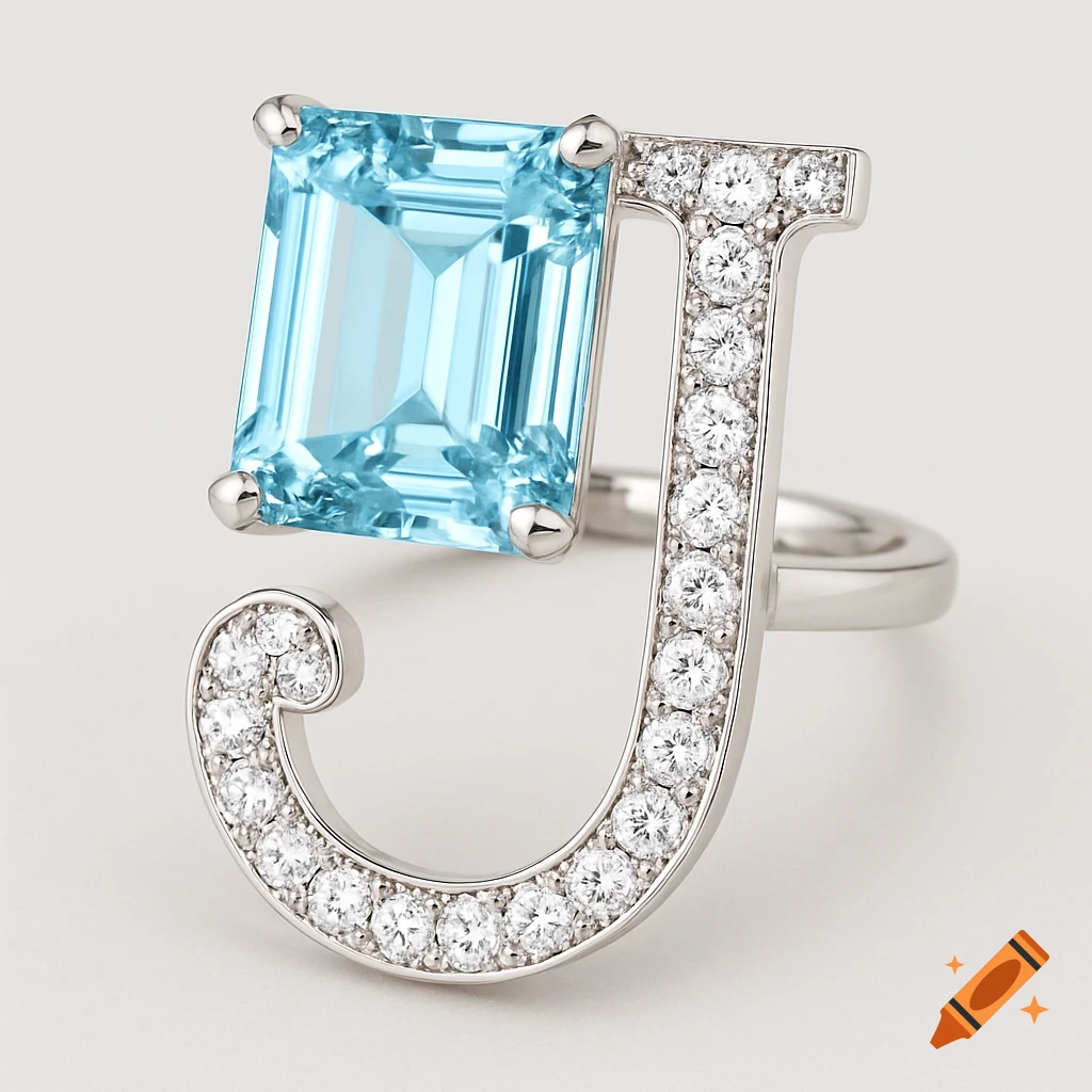 A silver ring in the shape of the letter J, adorned with a large rectangular blue aquamarine gem and small round diamonds.
