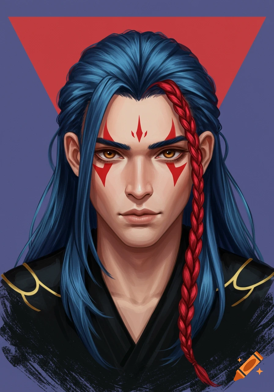 A portrait of a man with blue hair, red face markings, and a braided ...