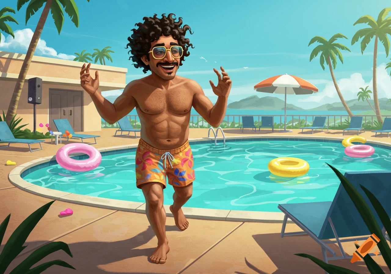 An excited man with curly hair and sunglasses in swimming trunks stands beside a sunny pool, gesturing with his hands.