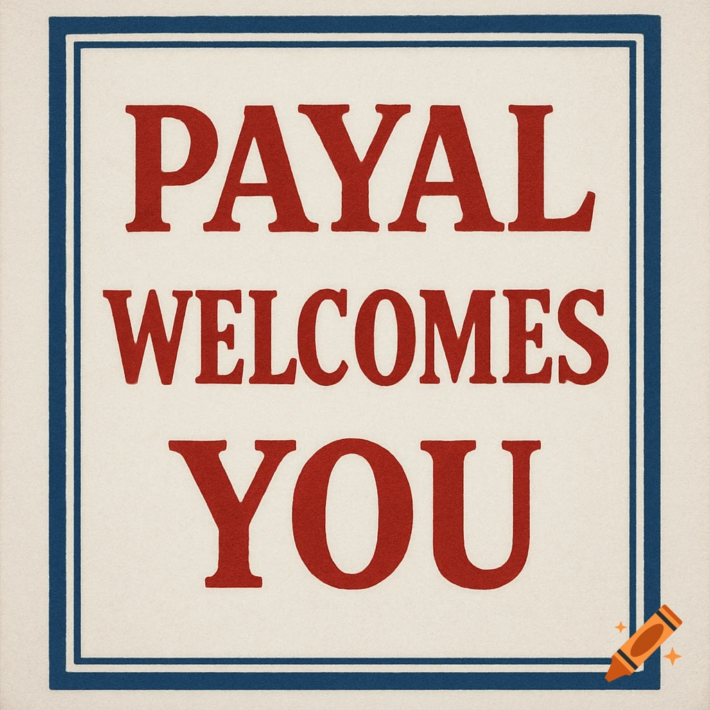 A sign with red text on a cream background that reads 'PAYAL WELCOMES YOU'.