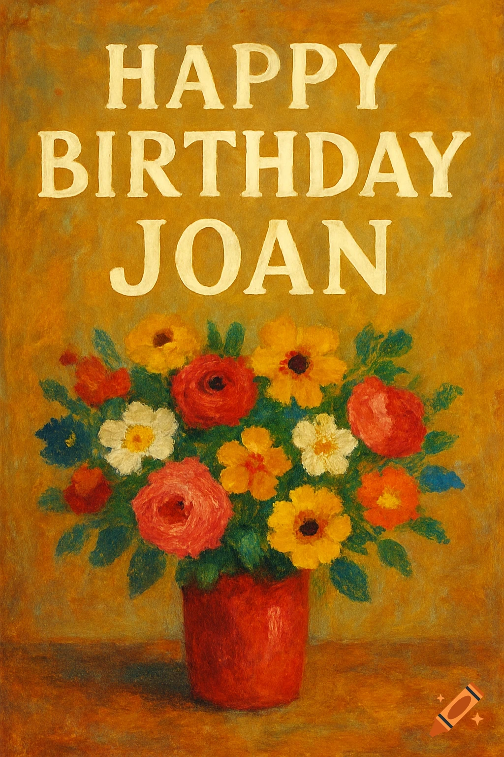 Painted birthday card with "Happy Birthday Joan" text above a vase of colorful flowers