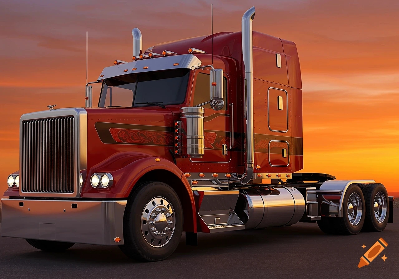 A red semi-truck is parked on a road at sunset