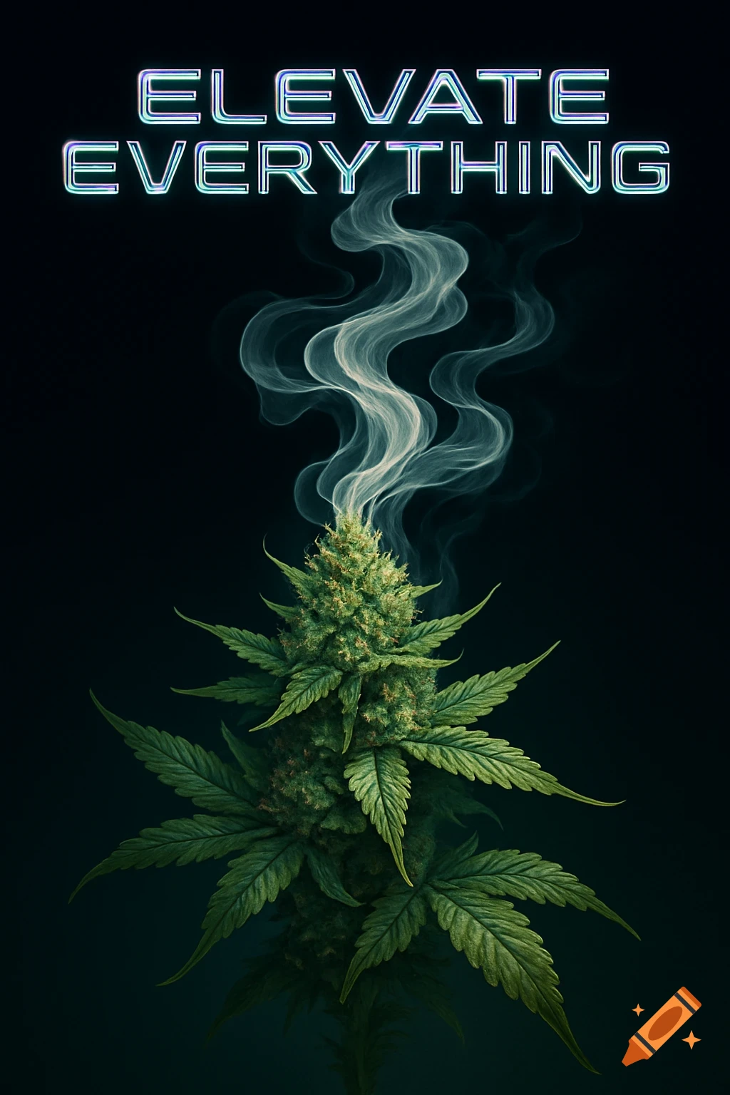 A marijuana plant transforms into smoke with the text "Elevate Everything" above it.