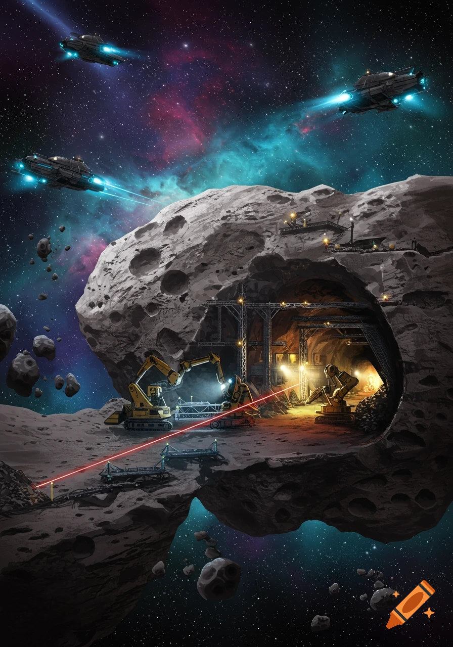 Space mining operation on an asteroid with ships, excavators, and glowing structures.