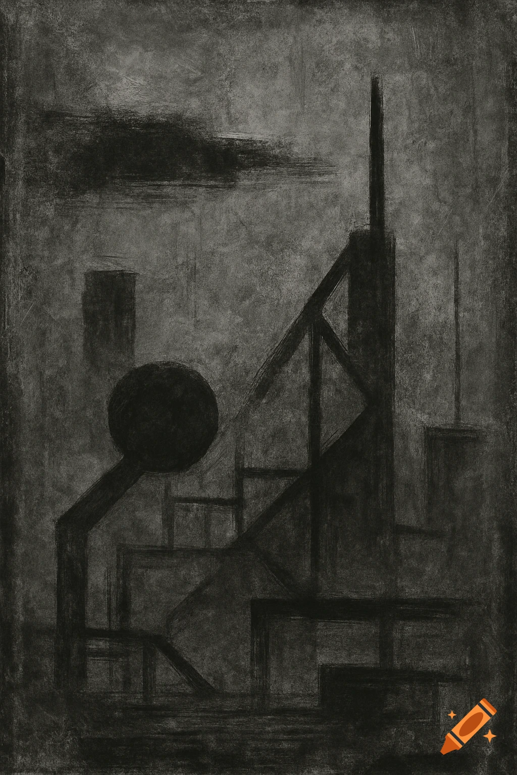 Abstract grey and black drawing of industrial shapes and forms.