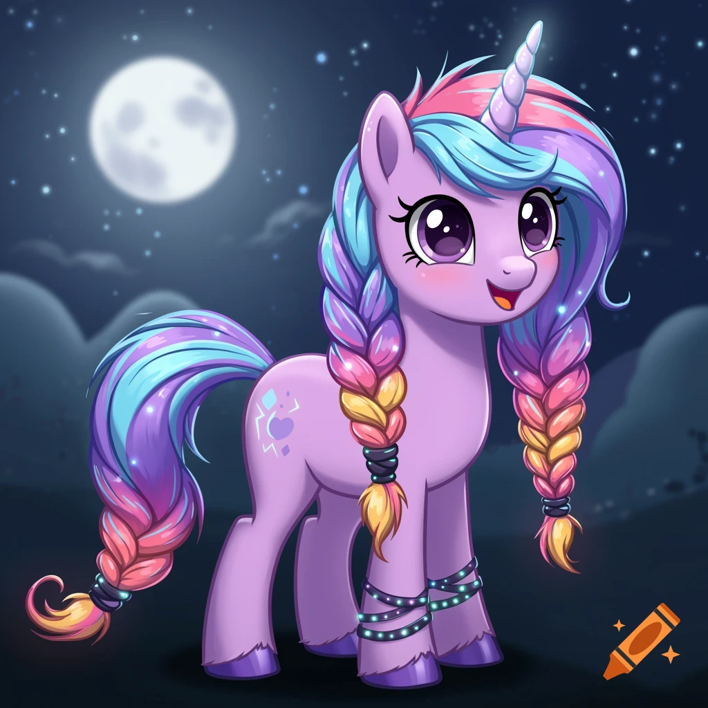 A colorful cartoon unicorn with rainbow braids stands under a full moon at night.