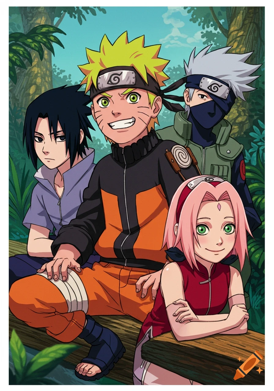 Anime characters Naruto, Sasuke, Sakura, and Kakashi sit together in a forest.