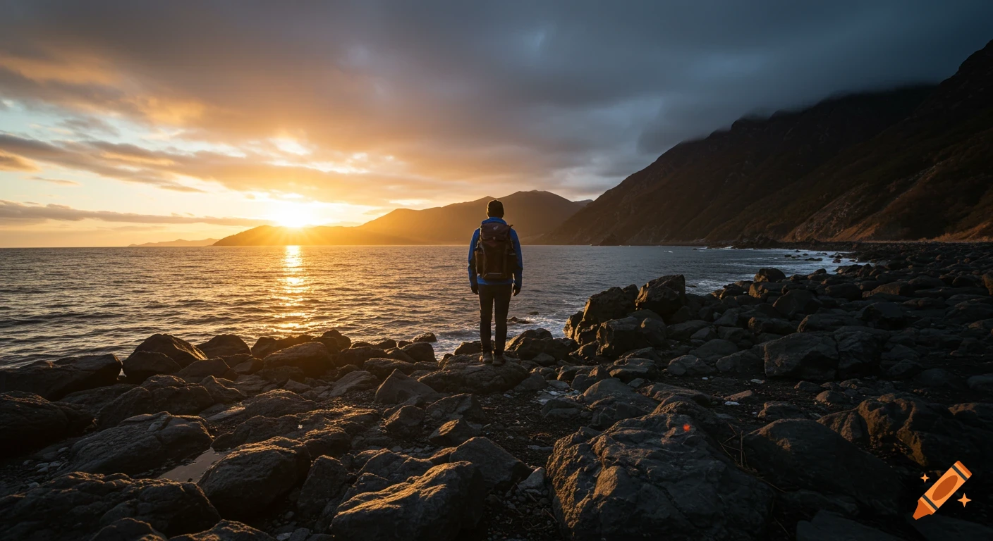 Person with backpack standing on a rocky shore, looking at a sunset over the sea and mountains.