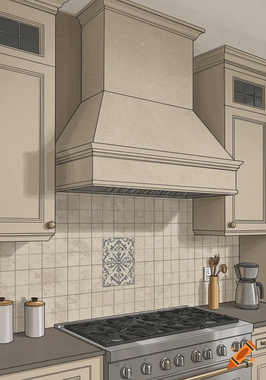 Illustrated view of a kitchen with a stone vent hood, stove, and tile backsplash.