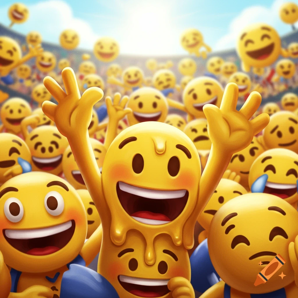 Close-up of cheerful emojis in a stadium crowd, one emoji is melting ...