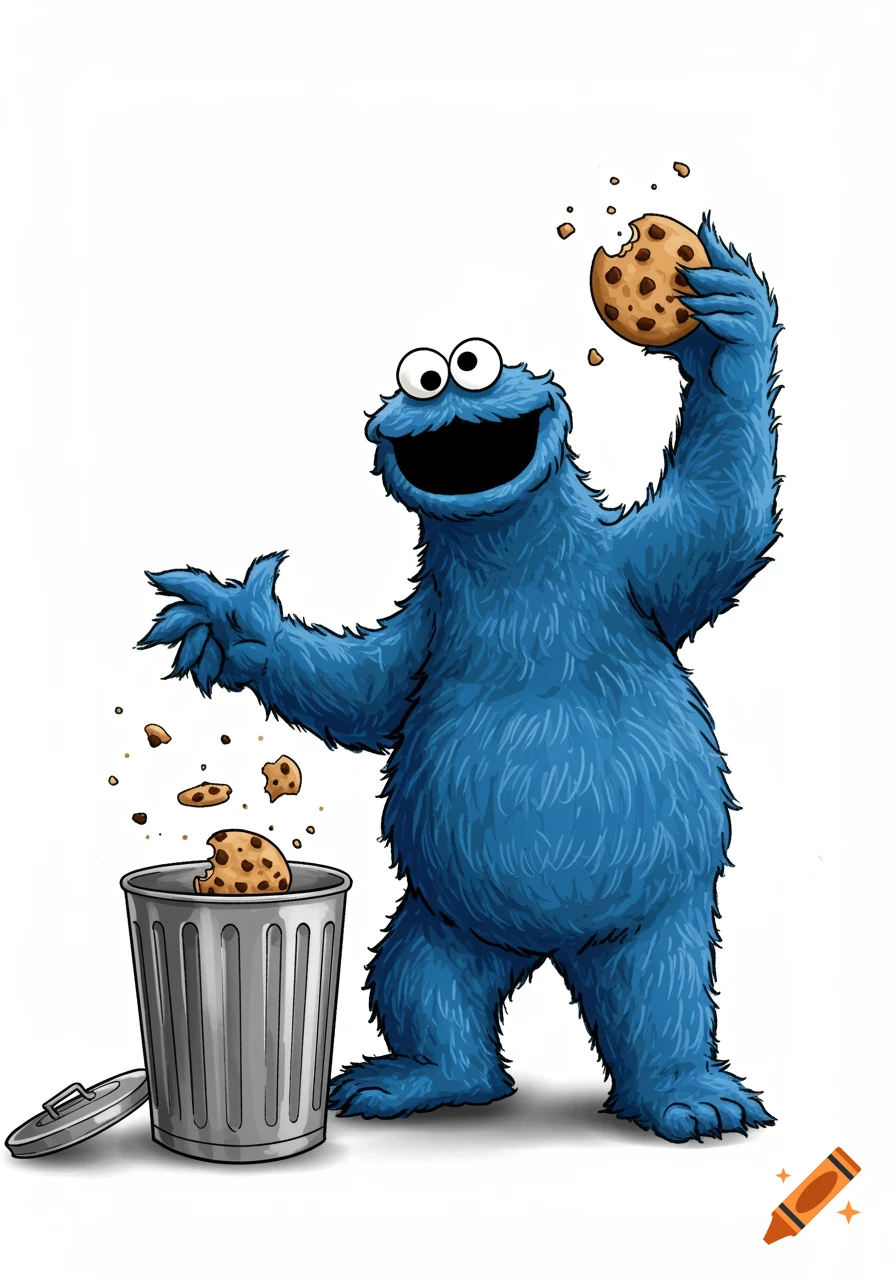 Illustration of Cookie Monster throwing a half-eaten chocolate chip cookie into a metal trash can.