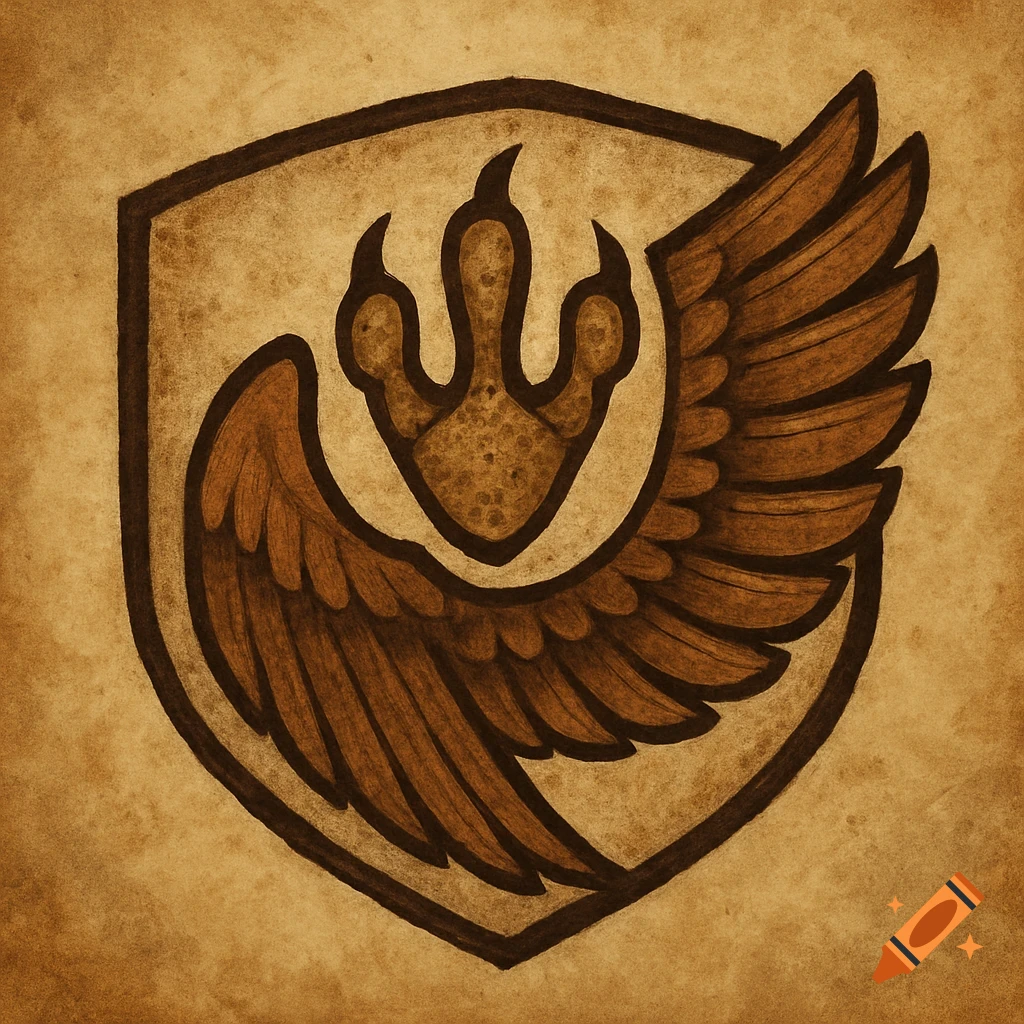 A logo crest featuring a brown talon or foot print inside a brown wing shape on a textured shield.