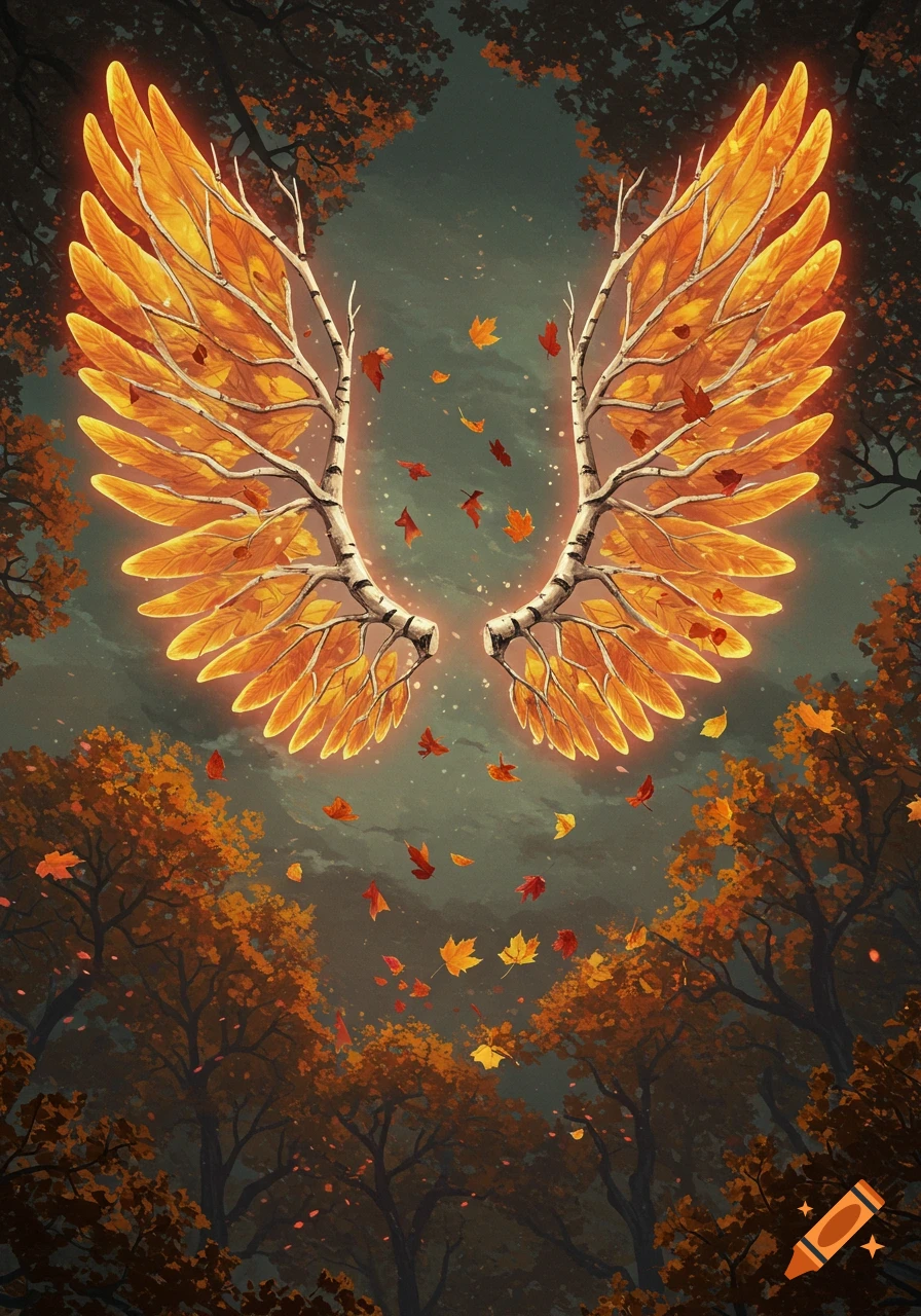 Large glowing wings made of autumn leaves and birch branches float above a forest with falling leaves.