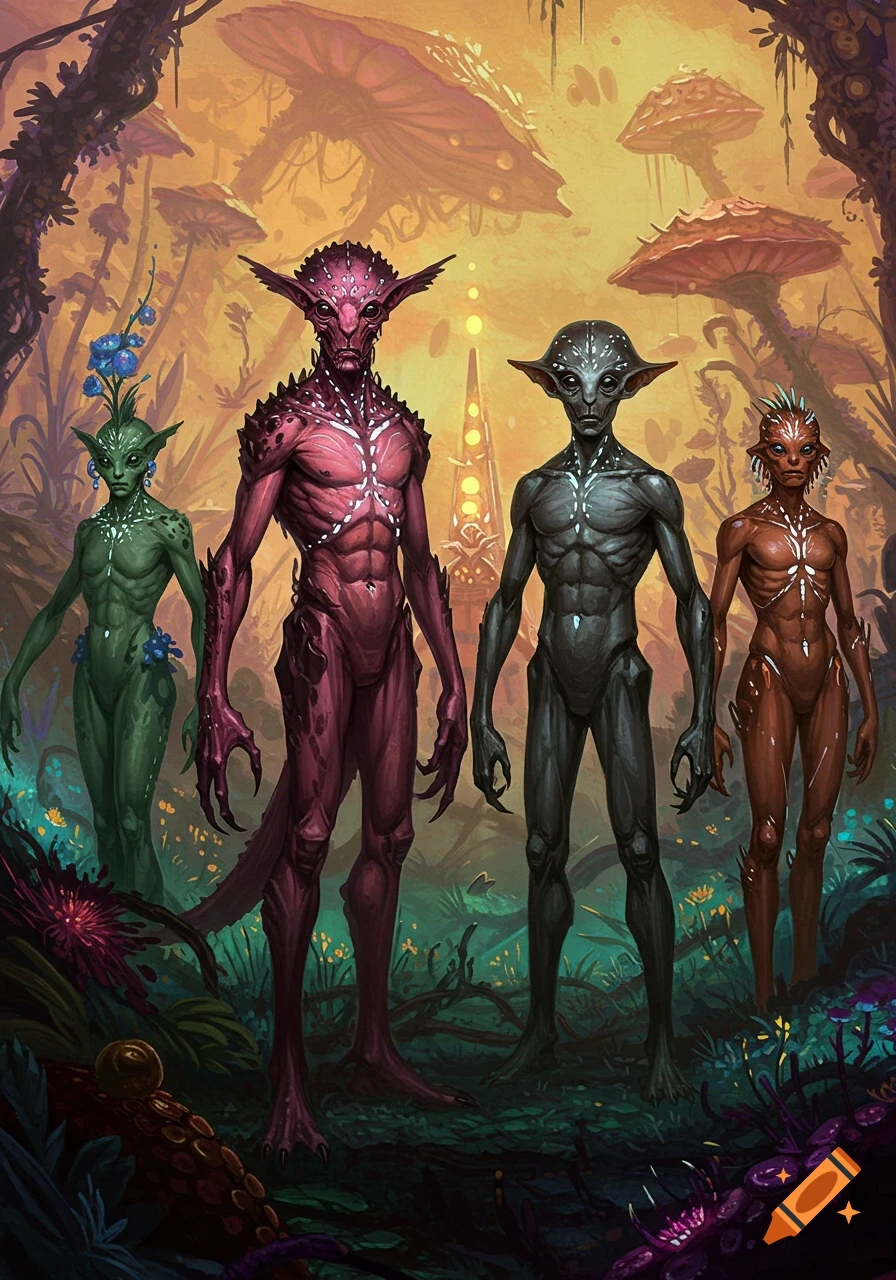 Four diverse alien creatures stand in a colorful fantasy forest.