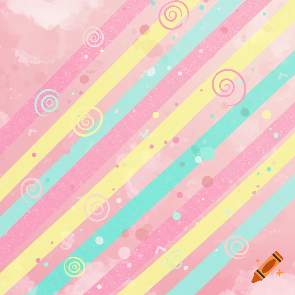 Pastel pink, yellow, and teal diagonal stripes with dots and swirls pattern.