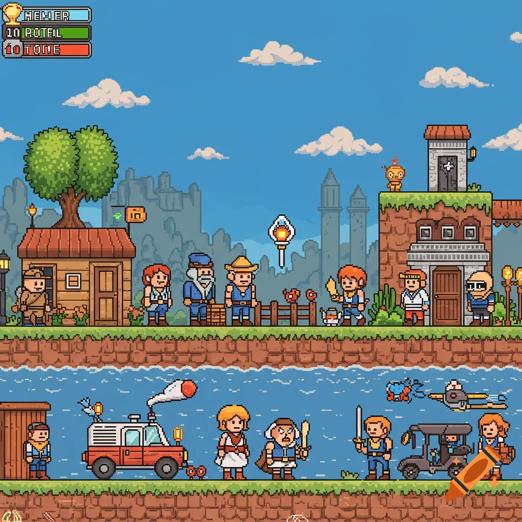 Pixel art scene of a town with buildings, water, and various characters.