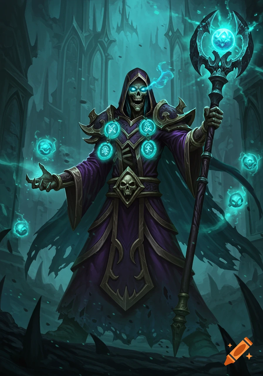 A skeletal mage holding a staff in a dark fantasy setting