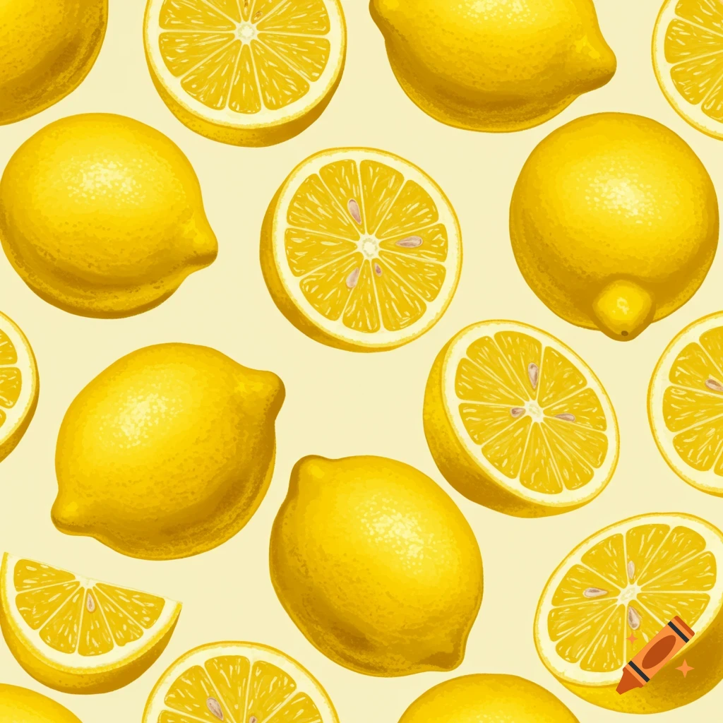 A seamless pattern of whole and sliced lemons on a light background.