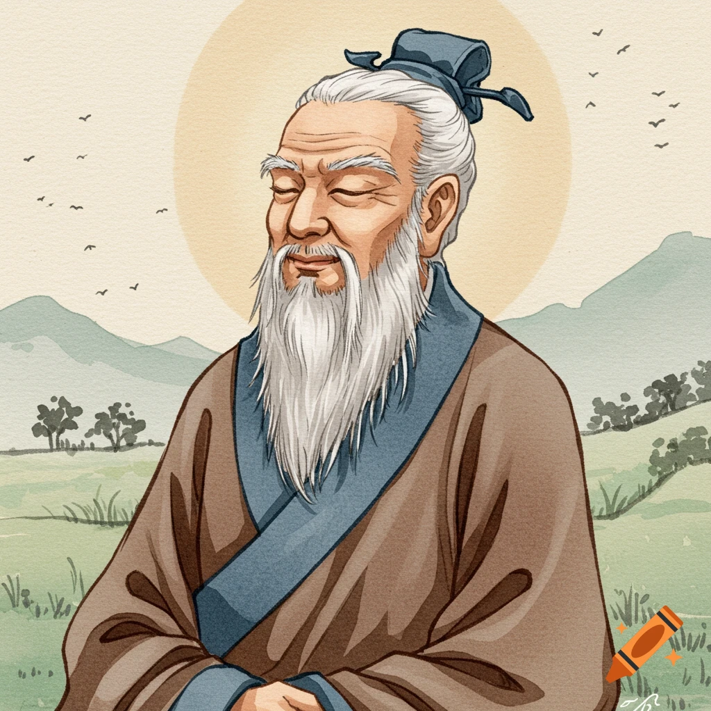 Watercolor illustration of Laozi sitting peacefully in an Asian landscape