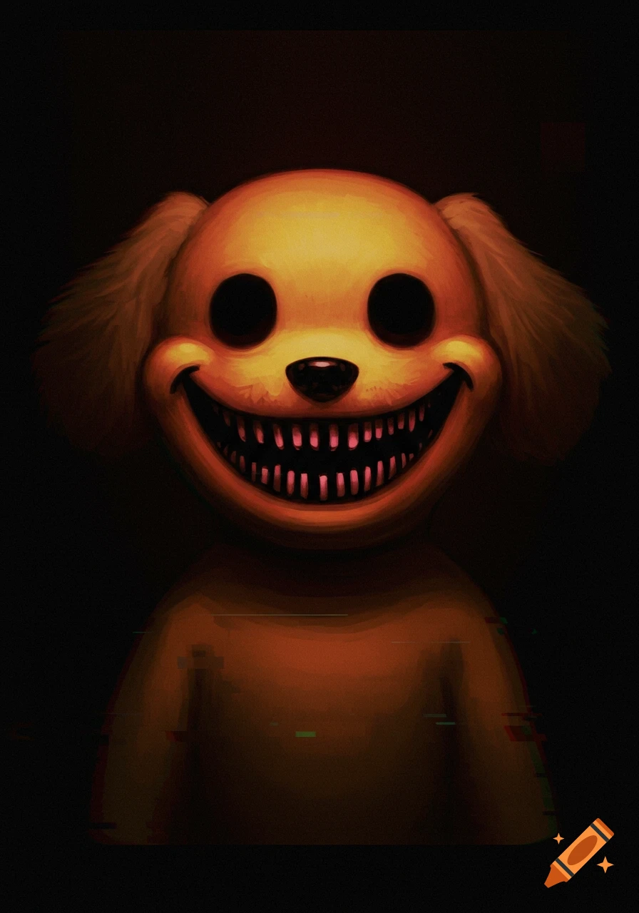 A dark, creepy portrait of Smile Dog with a wide, sharp-toothed grin and large black eyes, rendered with VHS effects.