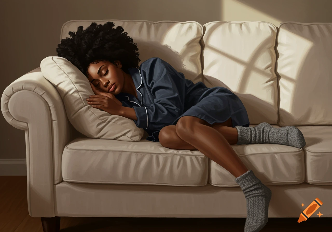 A woman sleeps on a sofa in a painted style.