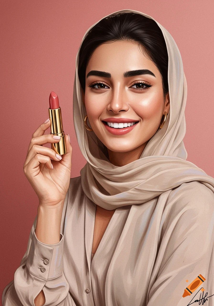 Portrait of a woman in a headscarf holding a tube of lipstick.
