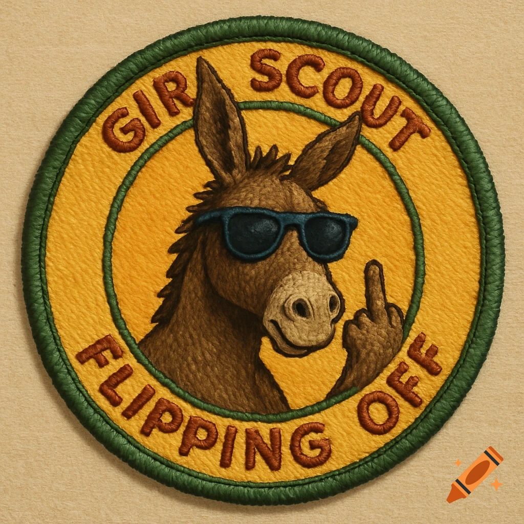 Embroidered badge of a donkey in sunglasses flipping off the camera.