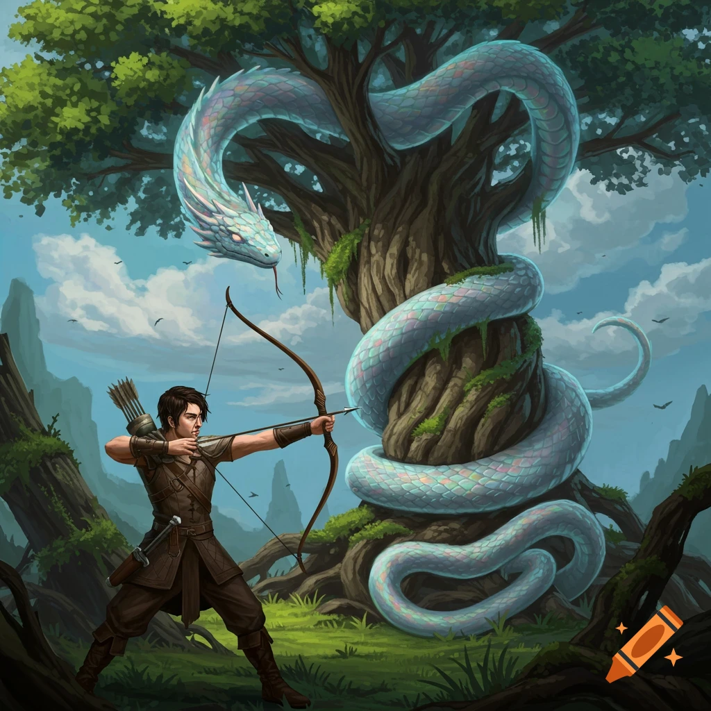 Fantasy illustration of an archer aiming at a giant serpent coiled around a large tree.