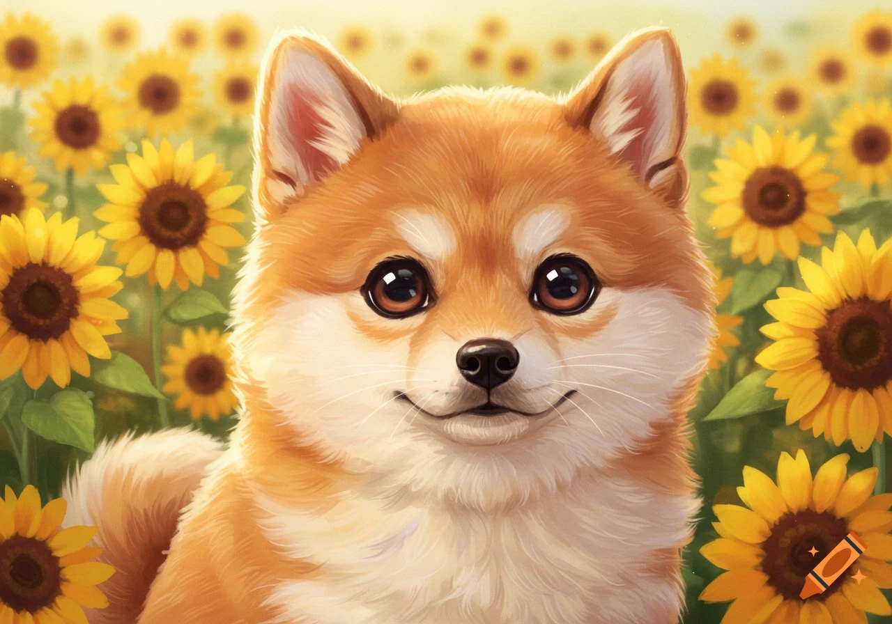 A cute Shiba Inu puppy in a field of sunflowers