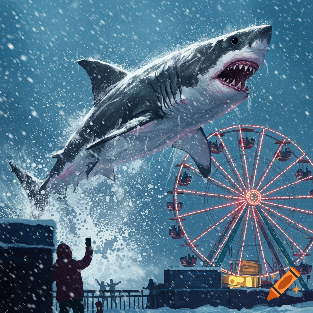 A large shark leaps dramatically over a lighted ferris wheel during a snowstorm.