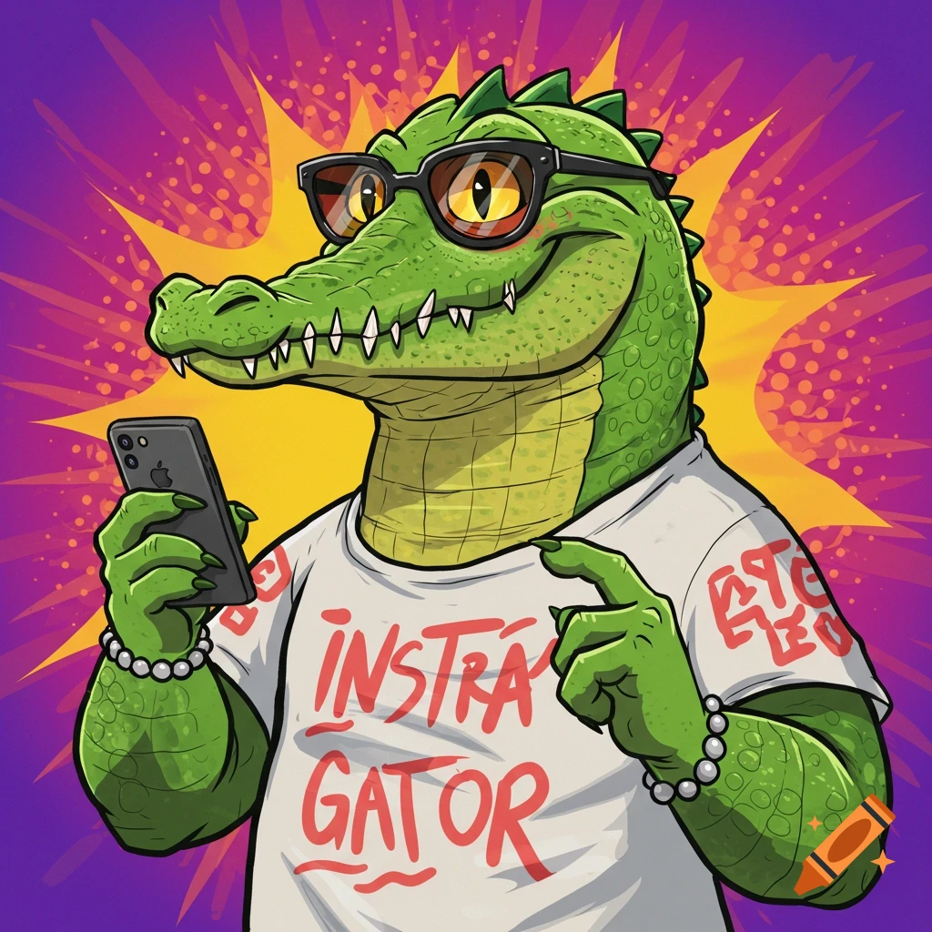 Cartoon alligator with sunglasses and a t-shirt holds a phone against a pop art background